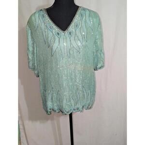 VTG 80s 100% Silk Jewel Queen Beaded Sequin Mint Green Blouse W/ Skirt Sz M